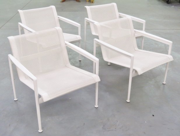 4 RICHARD SCHULTZ FOR KNOLL PATIO CHAIRS: White painted metal. 26 1/4"h. x 26"w. x 29"d.