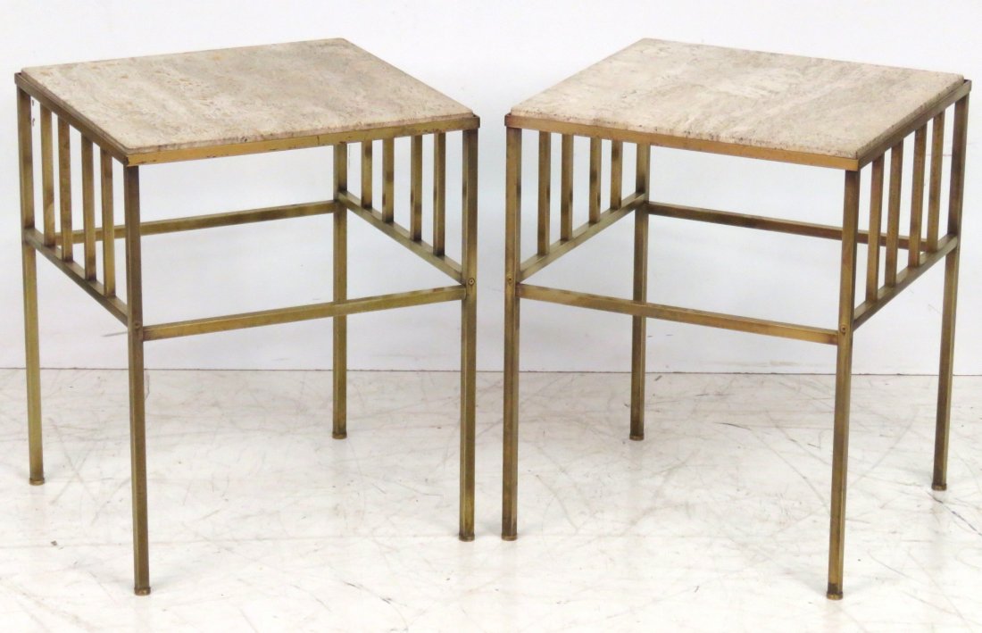 Pair MODERN SQUARE BRASS TRAVERTINE TOP TABLES (1 of 4)