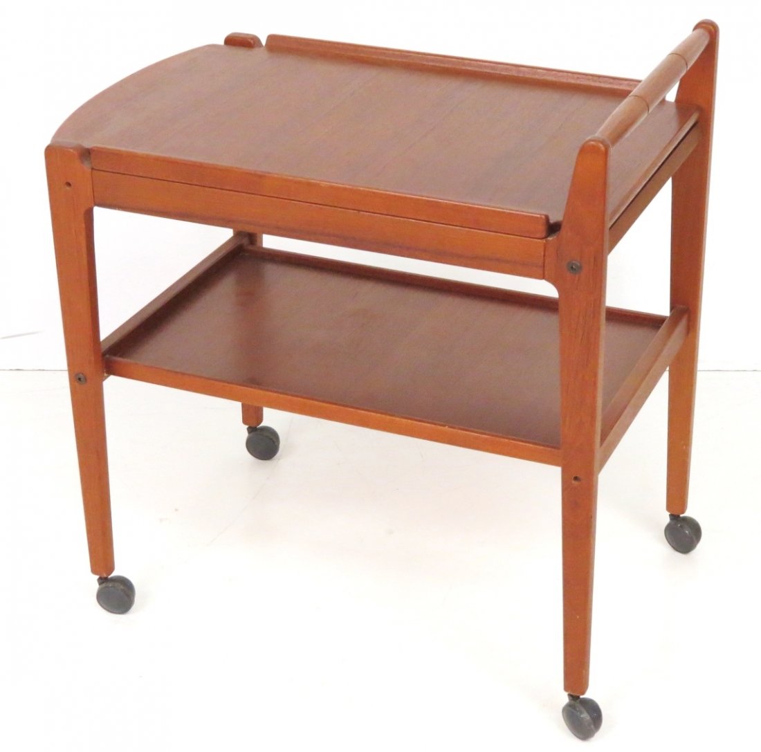DANISH MODERN TEAK BAR CART: Teak with tray top. 28 1/4"h. x 17 1/2"w. x 27"d.