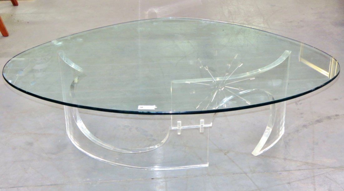 SCULPTED LUCITE BASE OVAL GLASSTOP COFFEE TABLE (1 of 5)