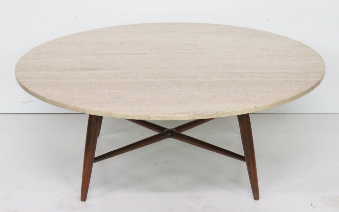 MID CENTURY MODERN ROUND TRAVERTINE TOP TABLE (1 of 4)