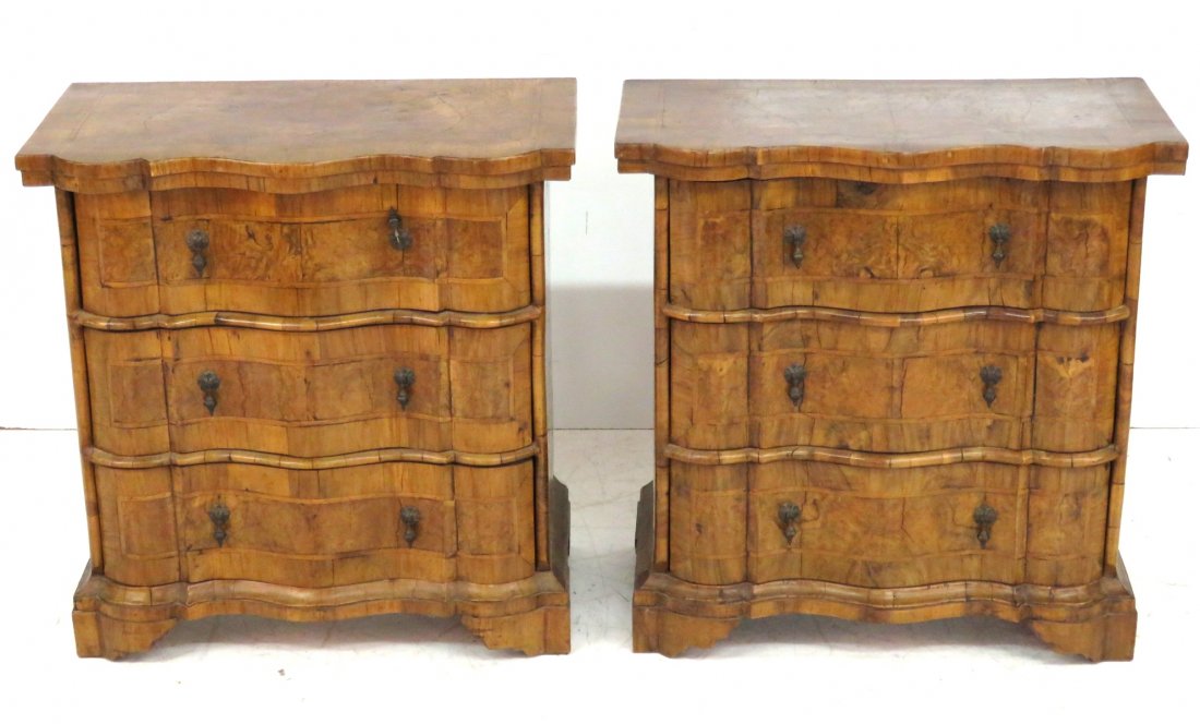 PAIR ITALIAN ANTIQUE INLAID OLIVE WOOD CHESTS: Walnut and olive wood with inlay. 27 1/2"h. x 27"w. x 15"d.