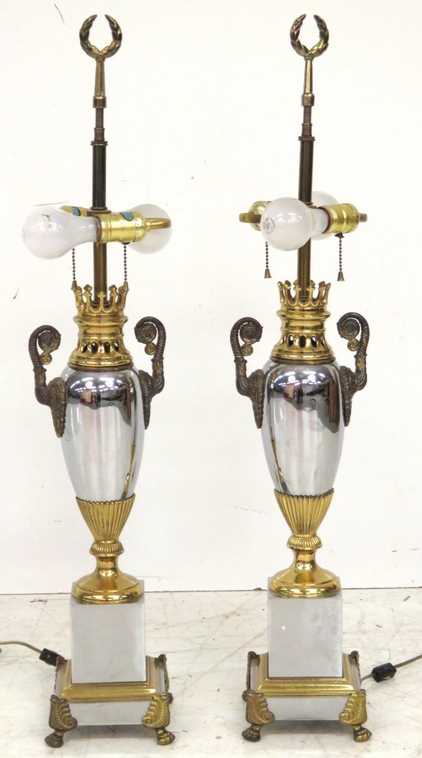 Pair FRENCH EMPIRE STYLE CHROME & BRASS LAMPS (1 of 4)