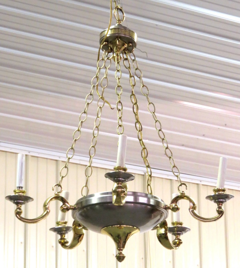 EMPIRE STYLE BRUSHED STEEL & BRASS CHANDELIER (1 of 3)