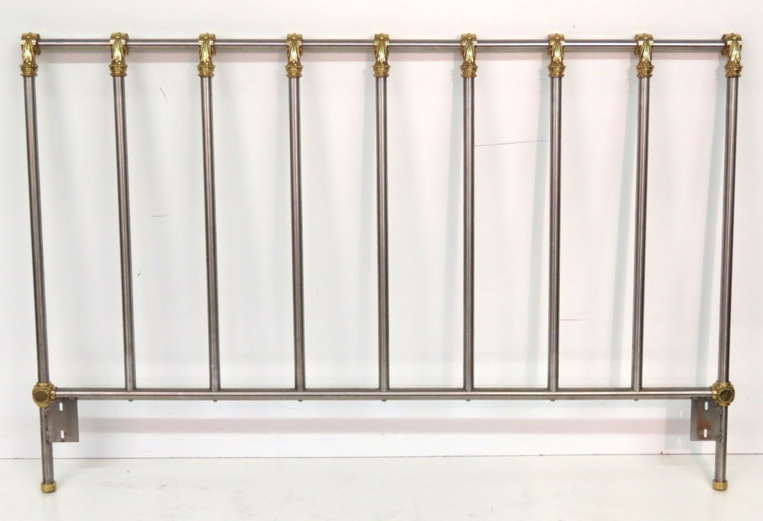 JANSEN STYLE STEEL & BRASS HEADBOARD: Brushed steel and brass. 41 1/4"h. x 63 1/4"w.