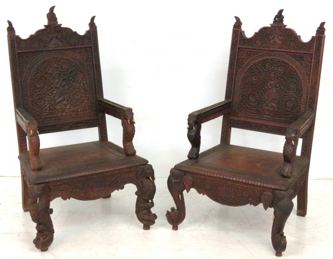 PAIR ANTIQUE ASIAN CARVED ARMCHAIRS w/ ELEPHANTS (1 of 6)