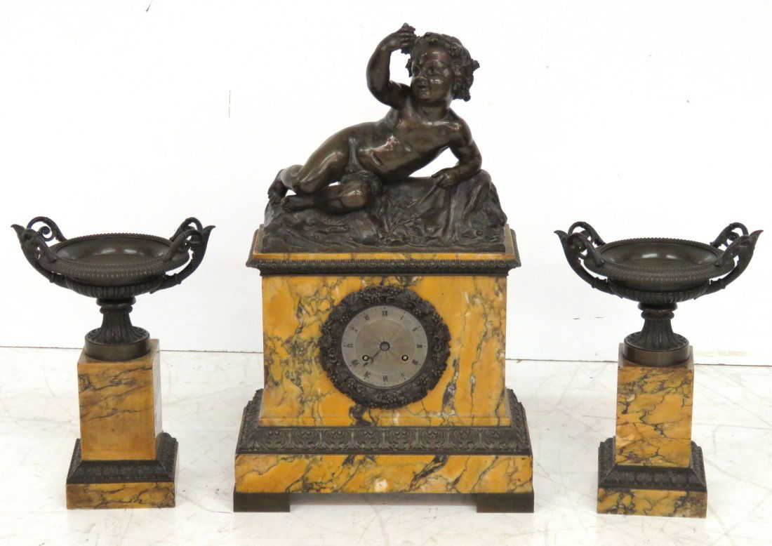 3 pc. ANTIQUE FRENCH FIGURAL BRONZE & MARBLE CLOCK SET (1 of 7)