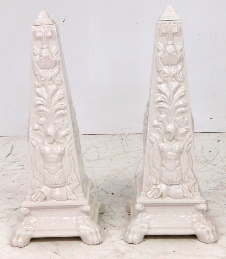 Pair 21" ITALIAN PORCELAIN OBELISKS: Porcelain obelisks. 21 1/2"h. x 9"sq.