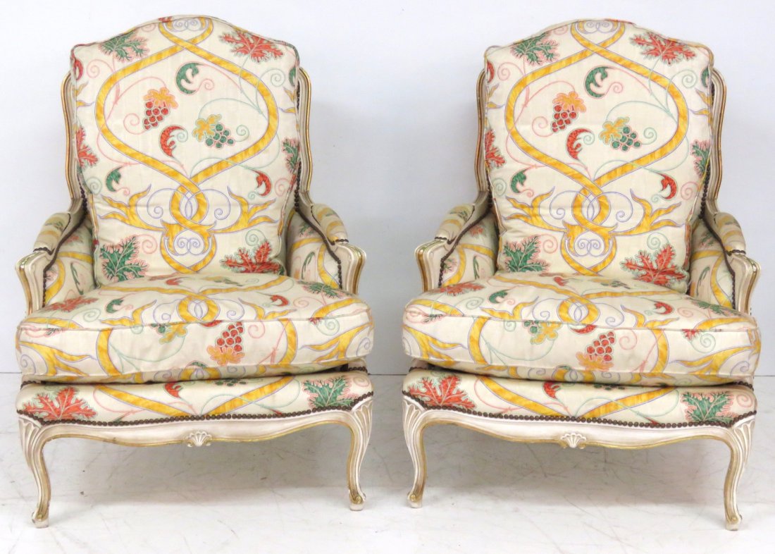 Pair LOUIS XVI CREAM PAINTED BERGERES: Cream paint with distressed gilt decoration. 38 1/4"h. x 30 1/2"w. x 35"d.