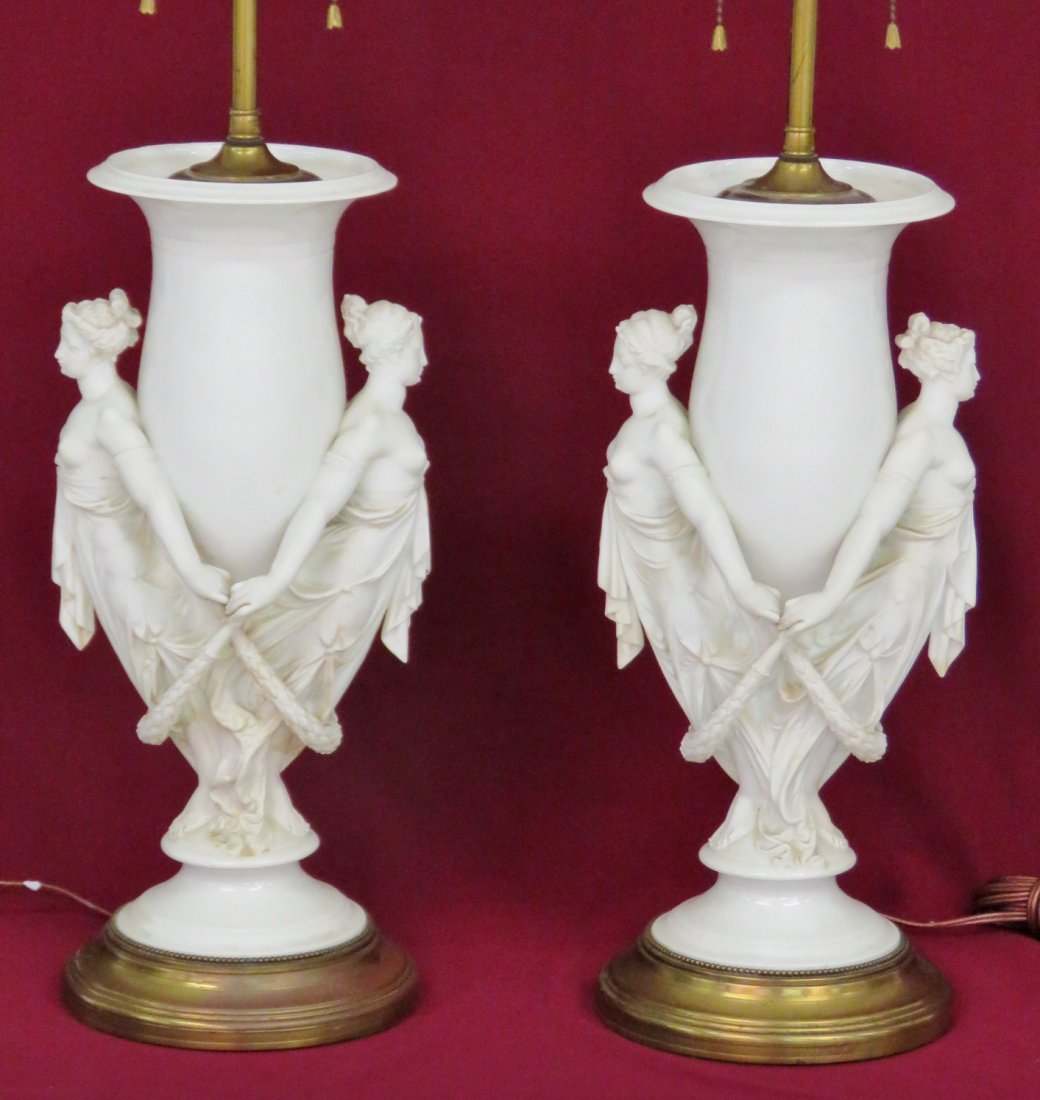 PAIR ANTIQUE PORCELAIN FIGURAL VASES w/ MAIDENS (1 of 8)