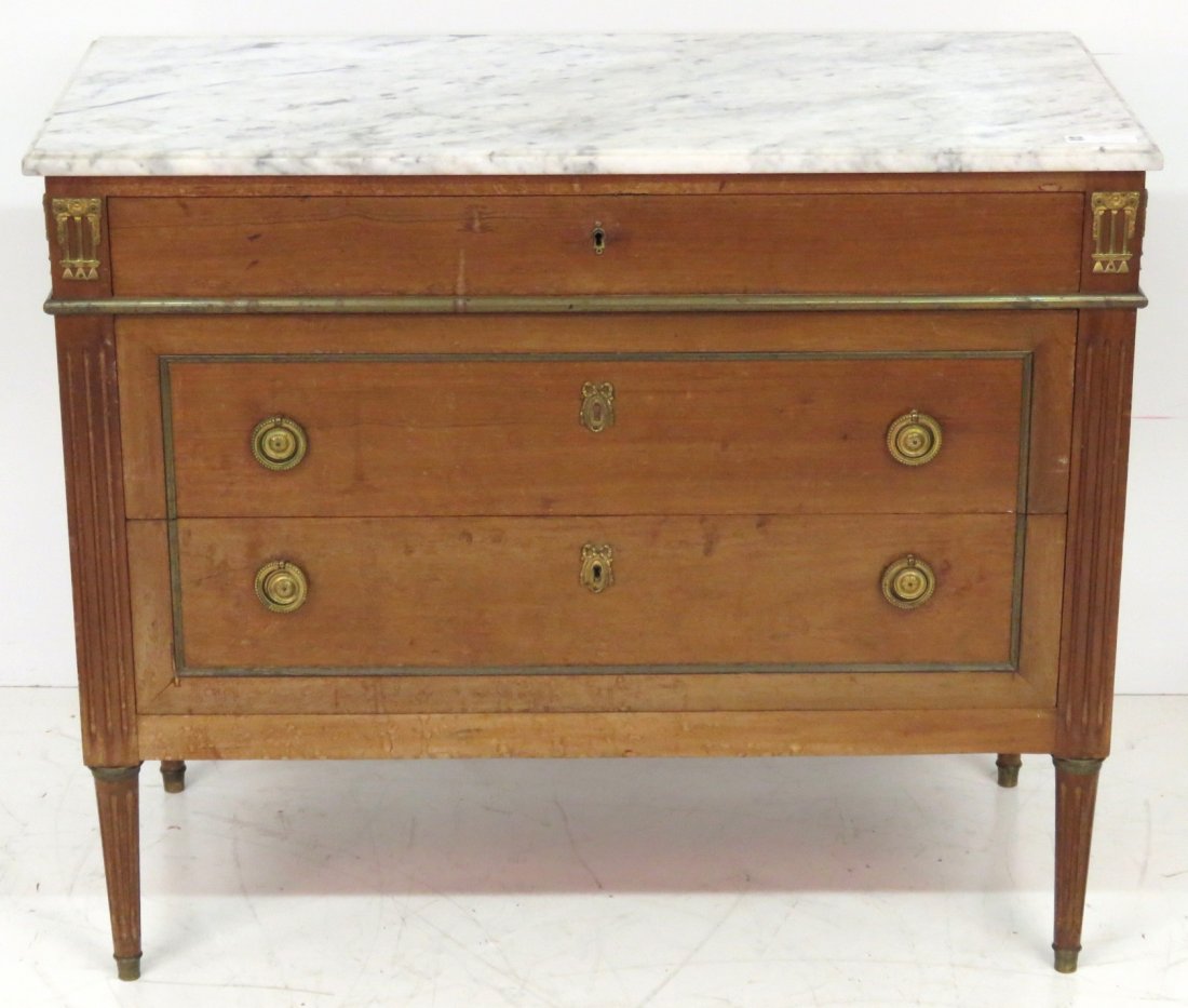 LOUIS XVI STYLE MARBLETOP COMMODE: Mahogany with bronze mounts. 34 1/4"h. x 41"w. x 19 1/4"d.