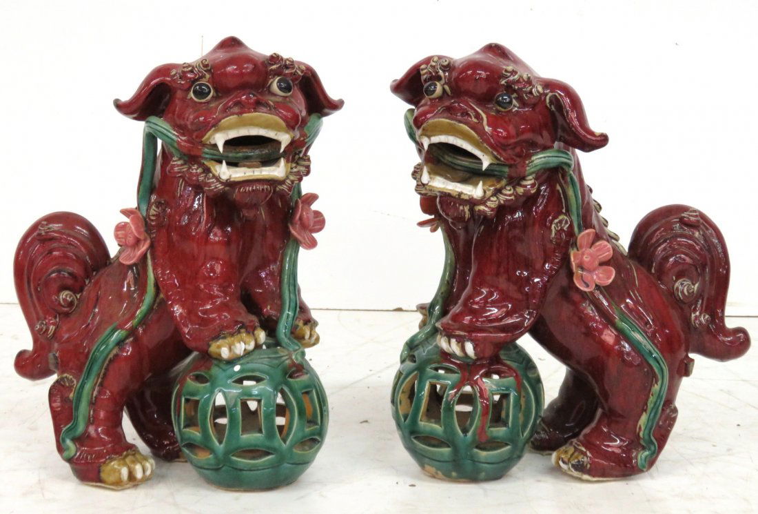 PAIR 16'' CHINESE RED CERAMIC FOO DOGS (1 of 5)