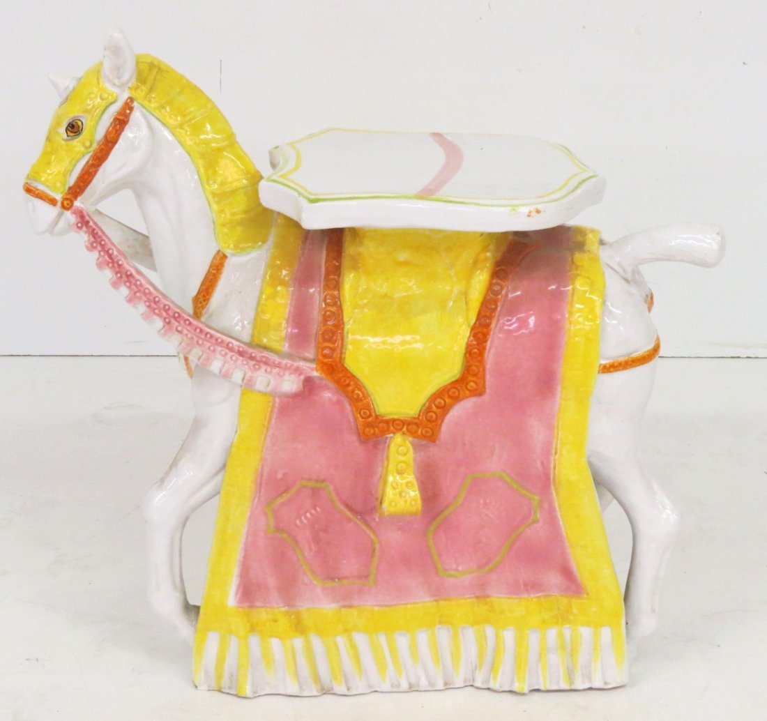 VINTAGE ITALIAN PORCELAIN DRESSED HORSE GARDEN SEAT: Italian porcelain. 24 1/4"h. x 24 1/2"w. x 9 1/4"d.