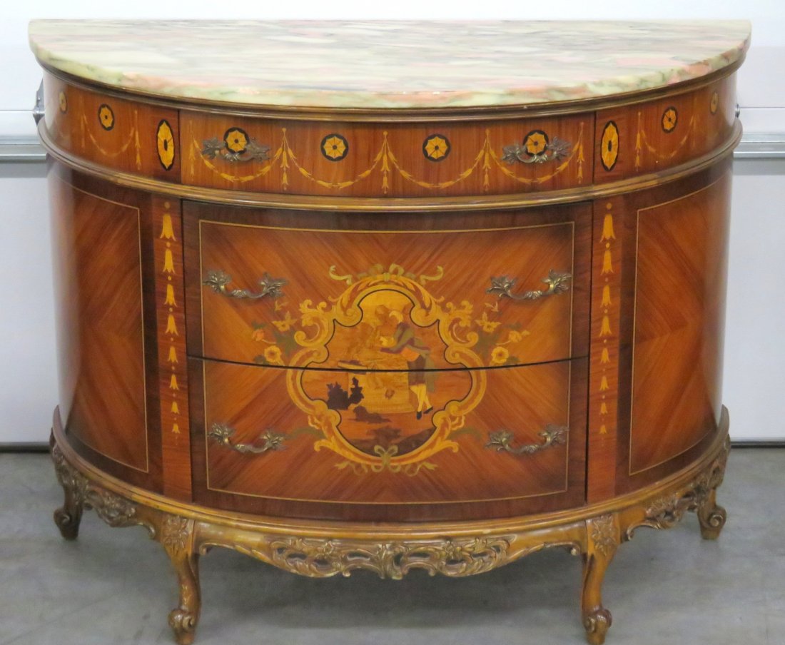 FRENCH STYLE CARVED & INLAID MARBLETOP DEMILUNE COMMODE (1 of 5)