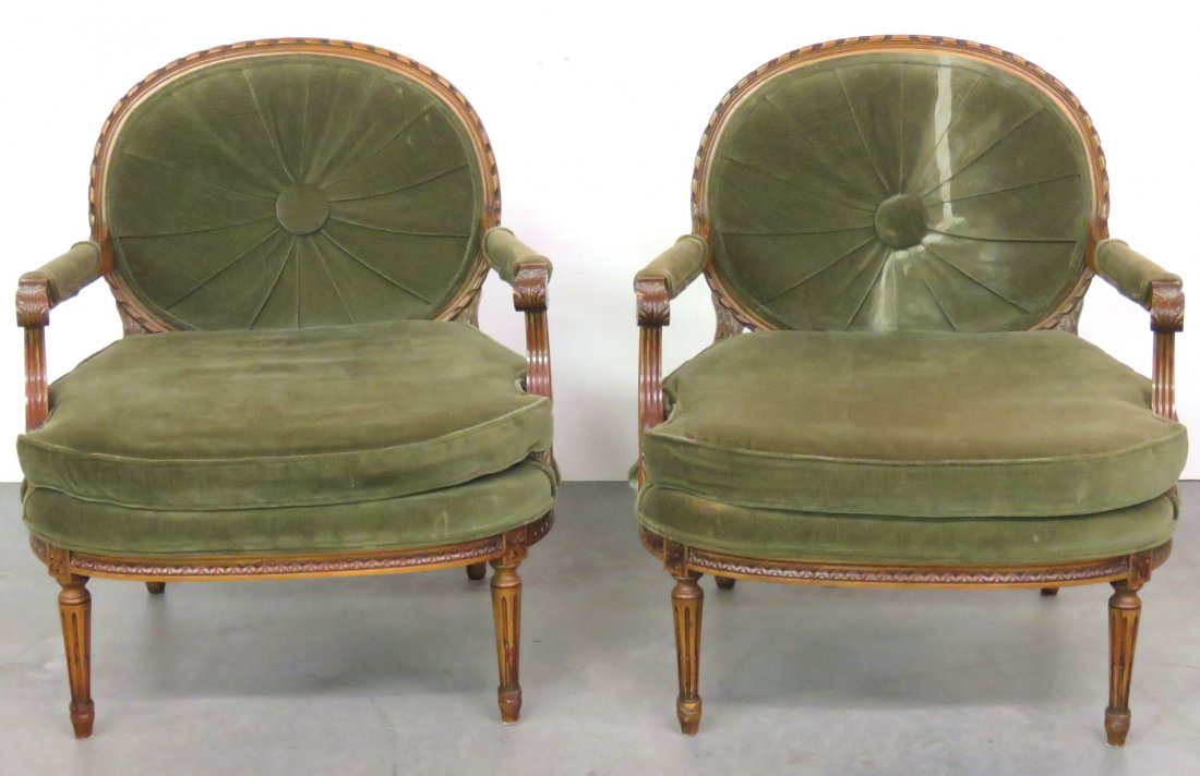 PAIR LOUIS XVI STYLE CARVED WALNUT FAUTEUILS (1 of 5)