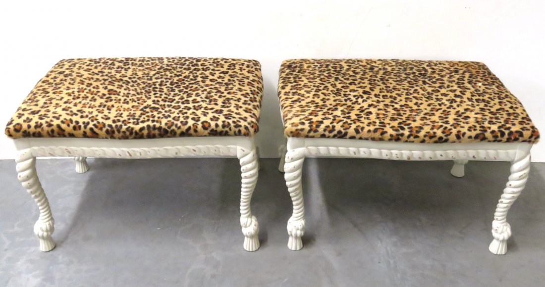 PAIR ROPE & TASSEL CARVED LEOPARD SKIN STOOLS (1 of 4)
