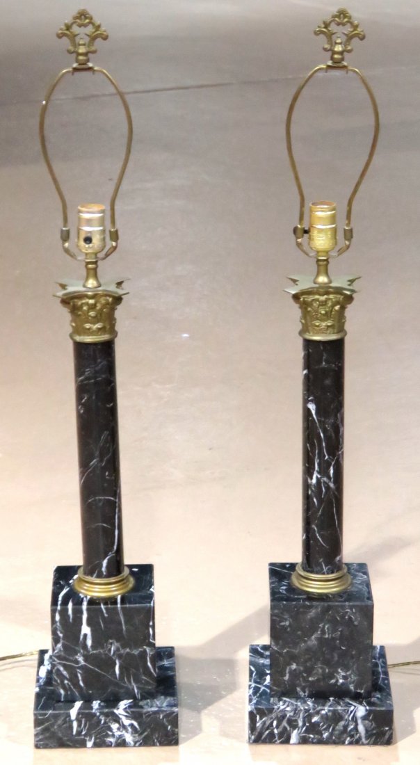 PAIR VINTAGE EMPIRE STYLE BLACK MARBLE COLUMN LAMPS (1 of 3)