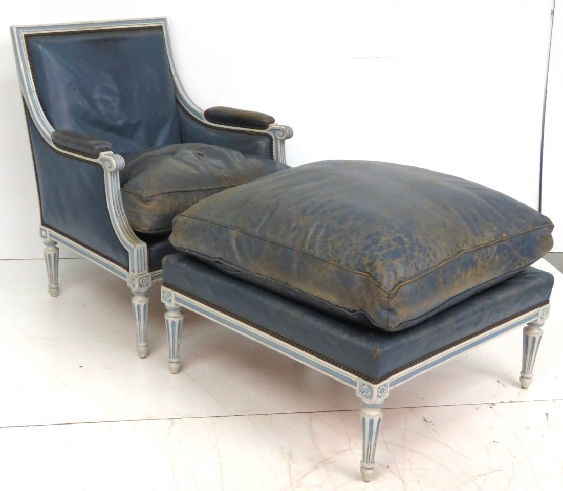 LOUIS XVI STYLE PAINT DECORATED LEATHER CHAIR & OTTOMAN (1 of 5)