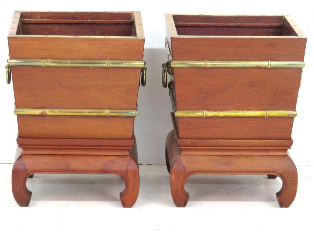 Pair CHINESE BRASS MOUNTED TEAK WOOD PLANTERS (1 of 5)
