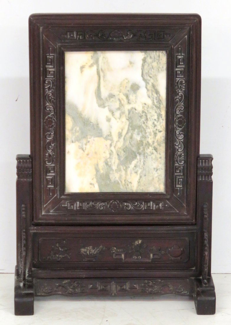 ANTIQUE CHINESE CARVED TEAK & MARBLE TABLE SCREEN (1 of 6)