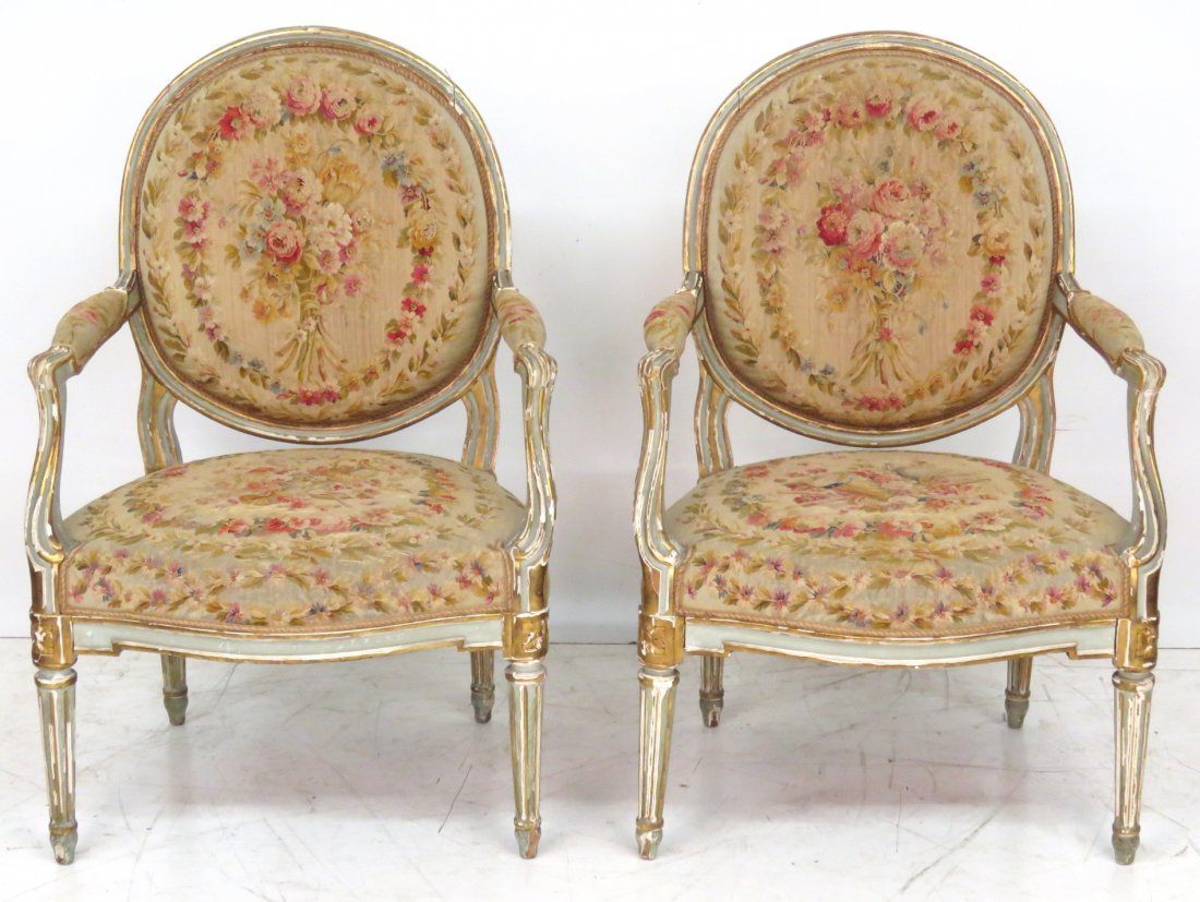 Pair ANTIQUE FRENCH PAINTED & GILT AUBUSSON FAUTEUILS (1 of 8)
