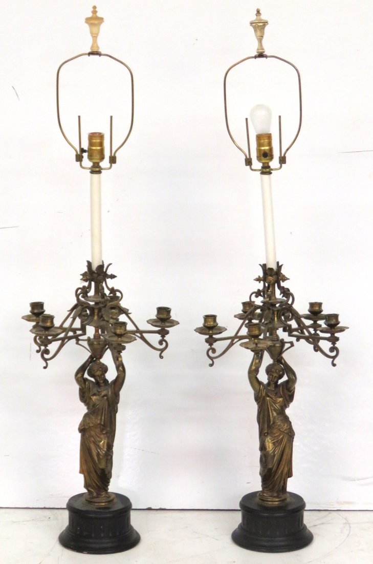 Pair FRENCH BRONZE CANDELABRAS w/ CLASSICAL FIGURES (1 of 4)