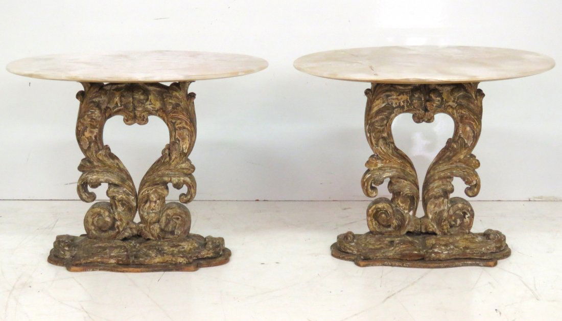 Pair ANTIQUE CARVED & PAINTED PEDESTAL TABLES (1 of 8)