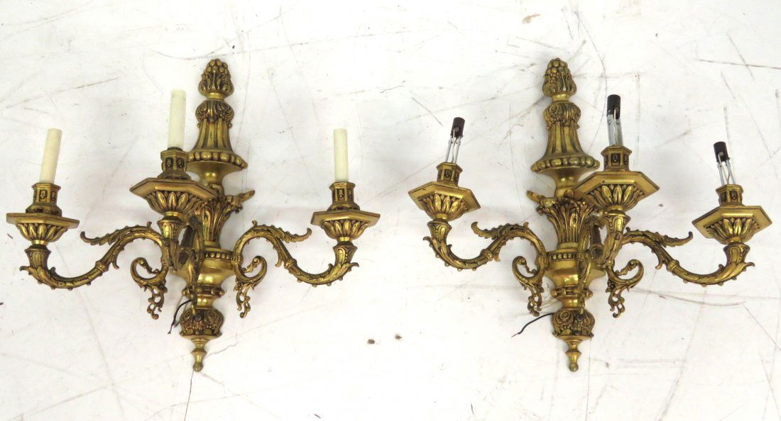 Pair FRENCH STYLE BRASS 3 ARM WALL SCONCES (1 of 5)
