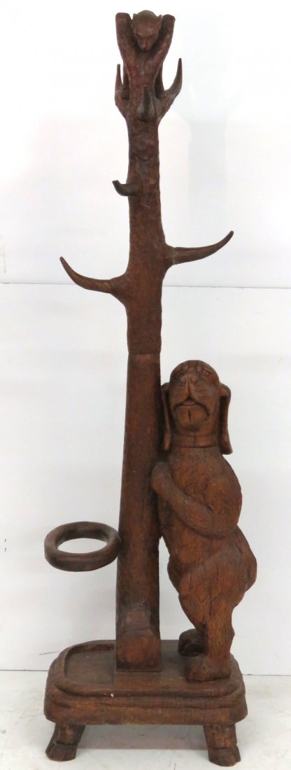 BLACK FOREST STYLE CARVED DOG HALL TREE (1 of 7)