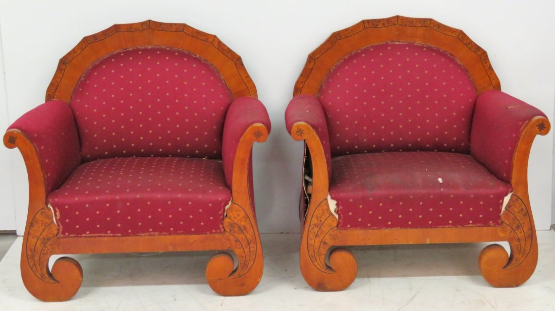 Pair INLAID ART DECO CLUB CHAIRS: Burl walnut inlay. 39"h. x 39"w. x 28"d.