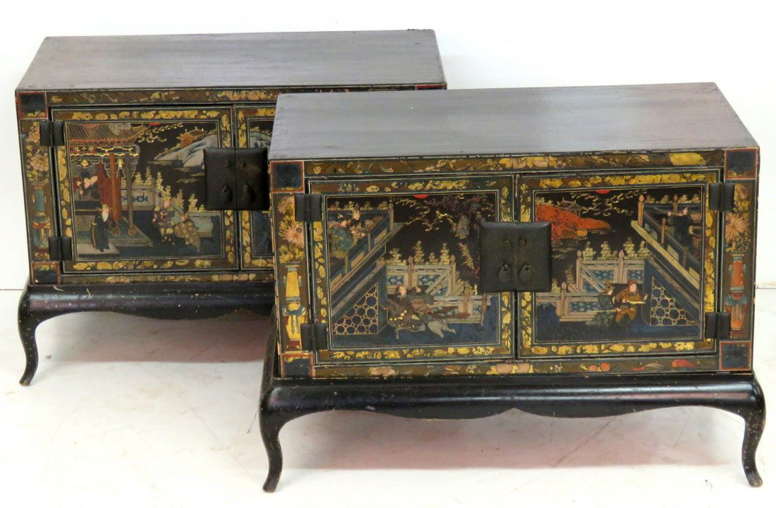 Pair CHINESE PAINT DECORATED 2 DOOR CABINETS (1 of 5)
