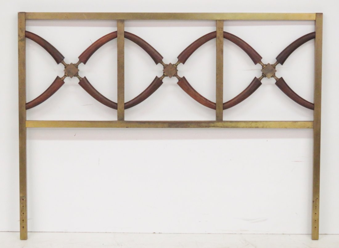 MODERN DESIGNER BRASS & TEAK HEADBOARD: Brass with teak horns. 41''h. x 54''w.