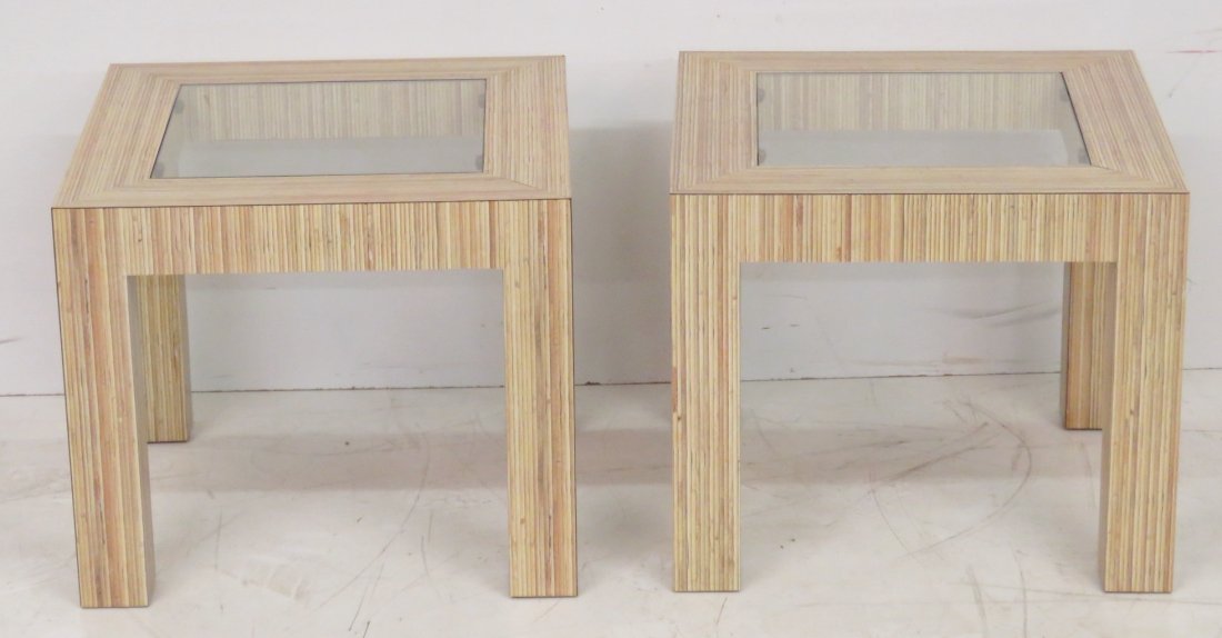 Pair FAUX REED LAMINATE SQUARE END TABLES (1 of 4)