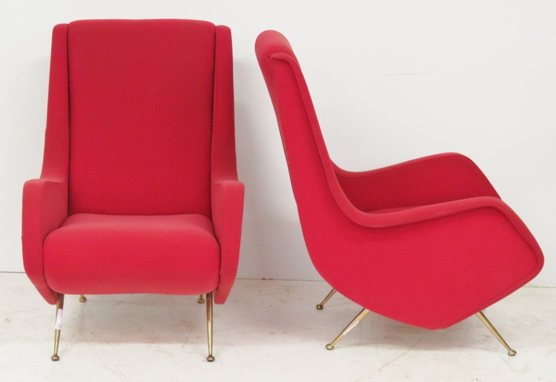 Pair ARFLEX STYLE ITALIAN MODERN LOUNGE CHAIRS: Brass legs. 38"h. x 27"w. x 35"d.