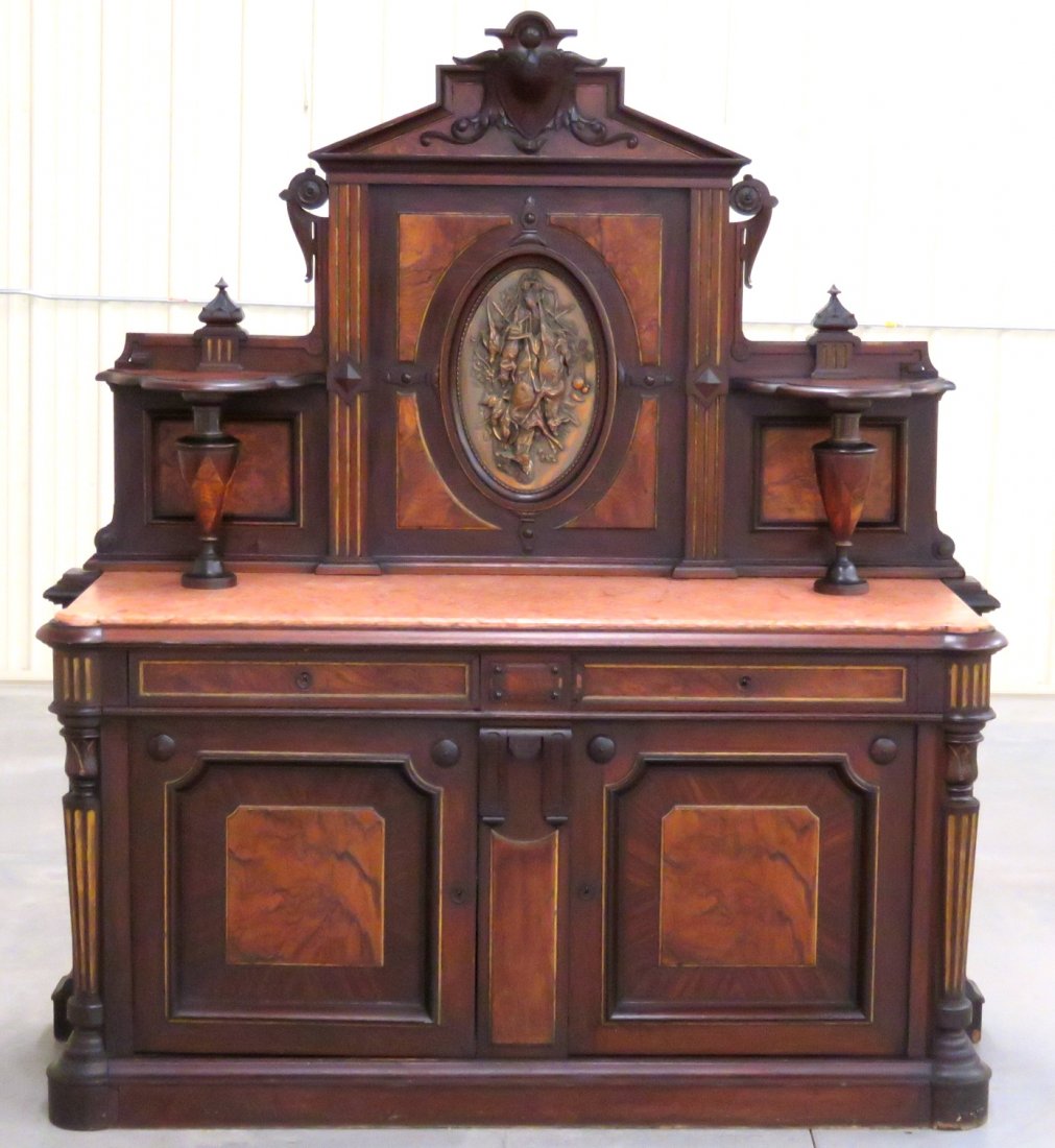 VICTORIAN WALNUT MARBLETOP SIDEBOARD w/ BRONZE PLAQUE (1 of 10)