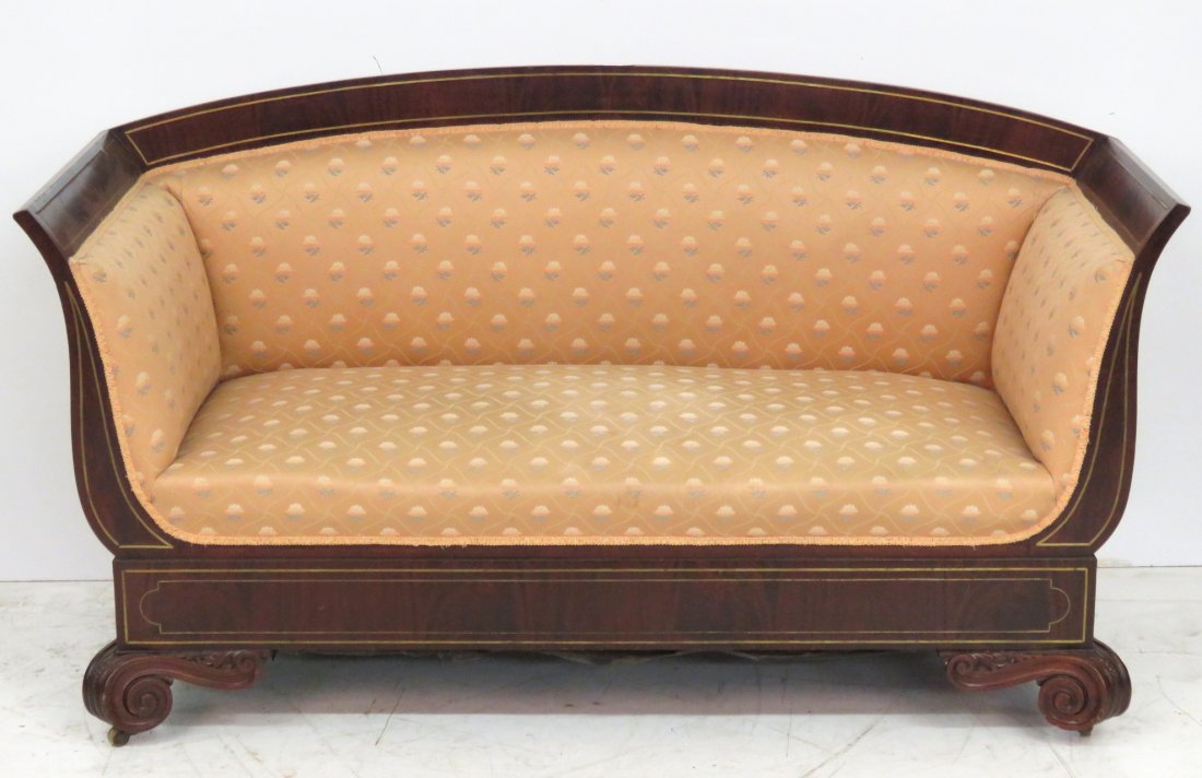 ANTIQUE AMERICAN BOULLE INLAID MAHOGANY SOFA: Carved feet. Bronze boulle inlay. 36"h. x 65 1/2"w. x 25 1/2"d.