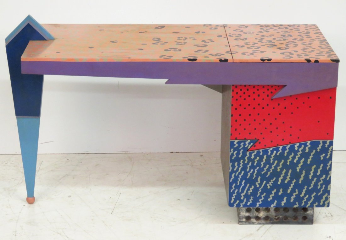 MEMPHIS DESIGN PAINTED MODERN DESK: Painted wood. Signed James. 32 3/4"h. x 52"w. x 24"d. Desk surface height 28 1/4"h.