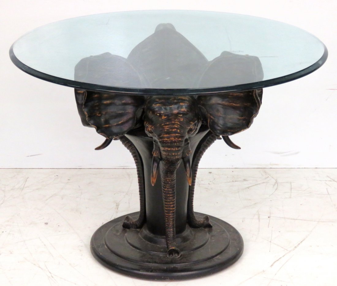 DESIGNER GLASSTOP PEDESTAL TABLE w/ ELEPHANT HEADS (1 of 3)