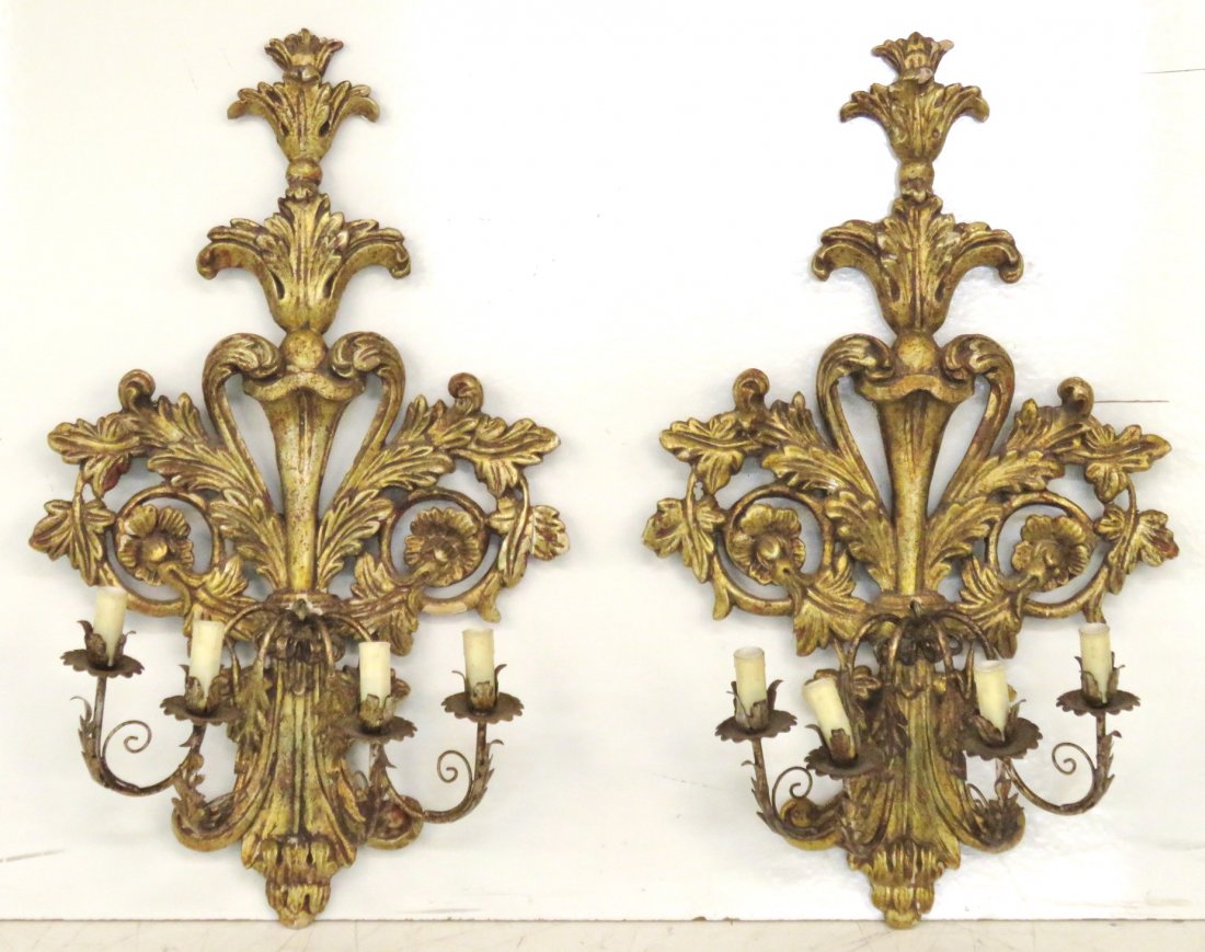 Pair 32" ANTIQUE ITALIAN CARVED GILT WOOD SCONCES (1 of 6)