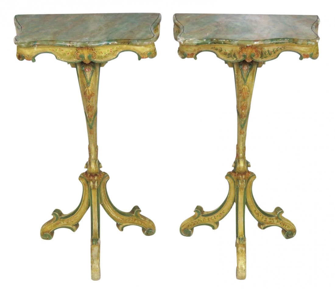 Pair VENETIAN PAINT DECORATED PEDESTAL SIDE TABLES (1 of 4)