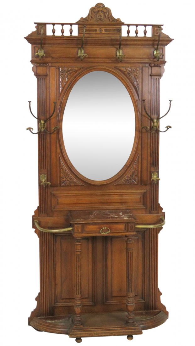 ANTIQUE CONTINENTIAL CARVED WALNUT HALL RACK (1 of 4)