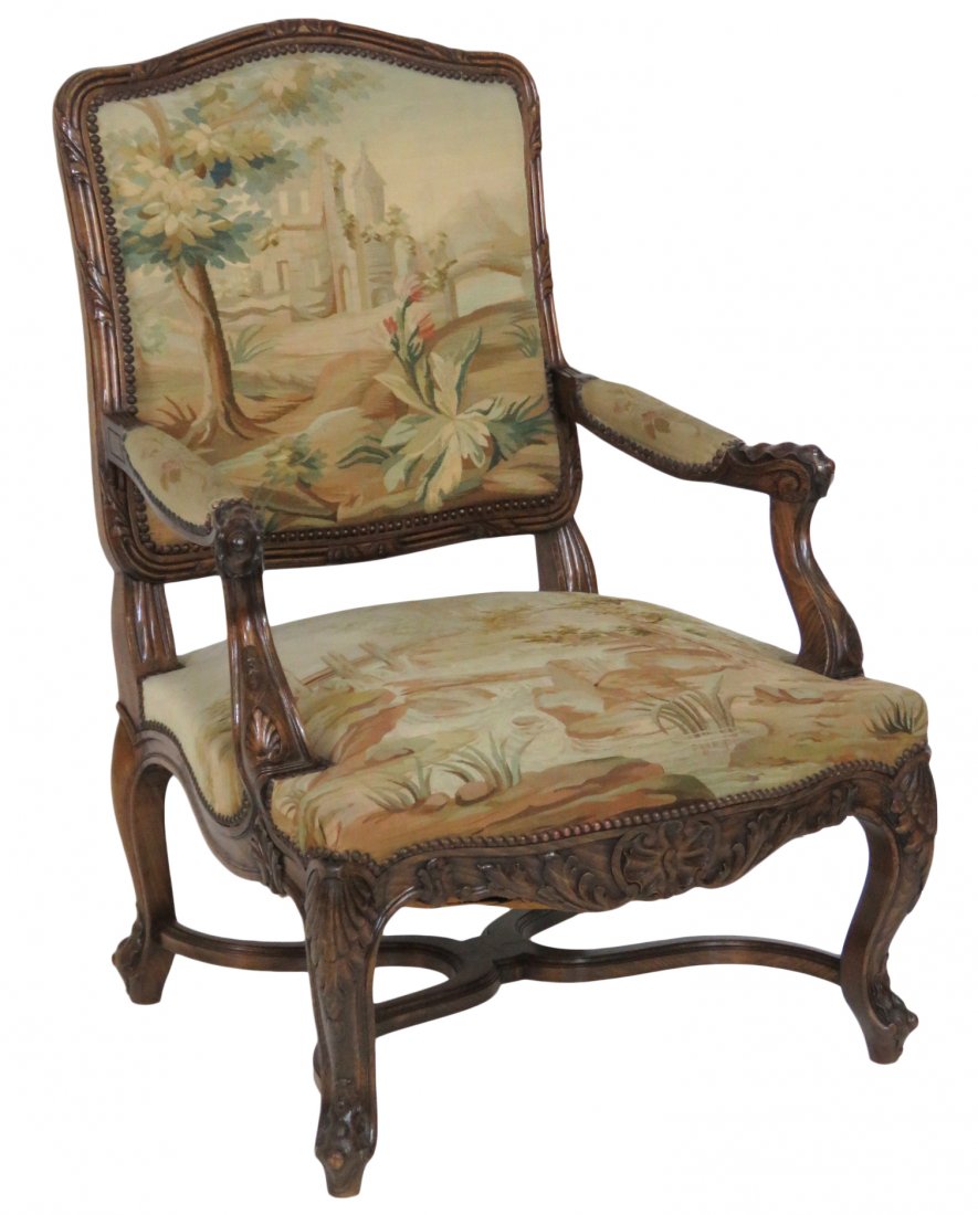 ANTIQUE FRENCH CARVED AUBUSSON FAUTEUIL (1 of 5)