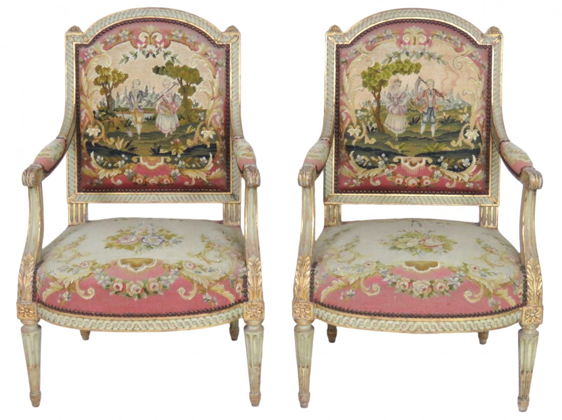 Pair ANTIQUE LOUIS XVI STYLE NEEDLEPOINT FAUTEUILS (1 of 8)