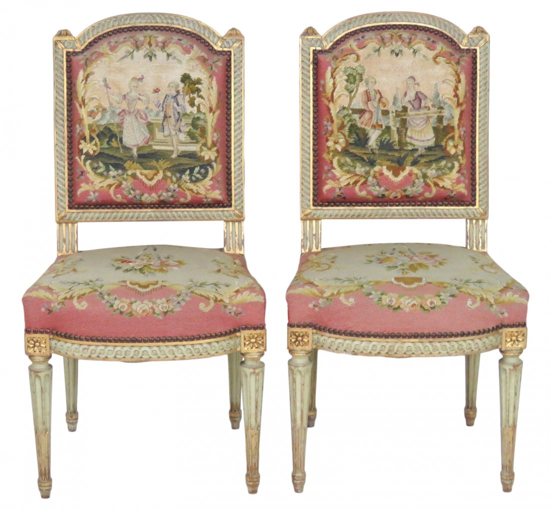 Pair ANTIQUE LOUIS XVI STYLE NEEDLEPOINT SIDE CHAIRS (1 of 6)