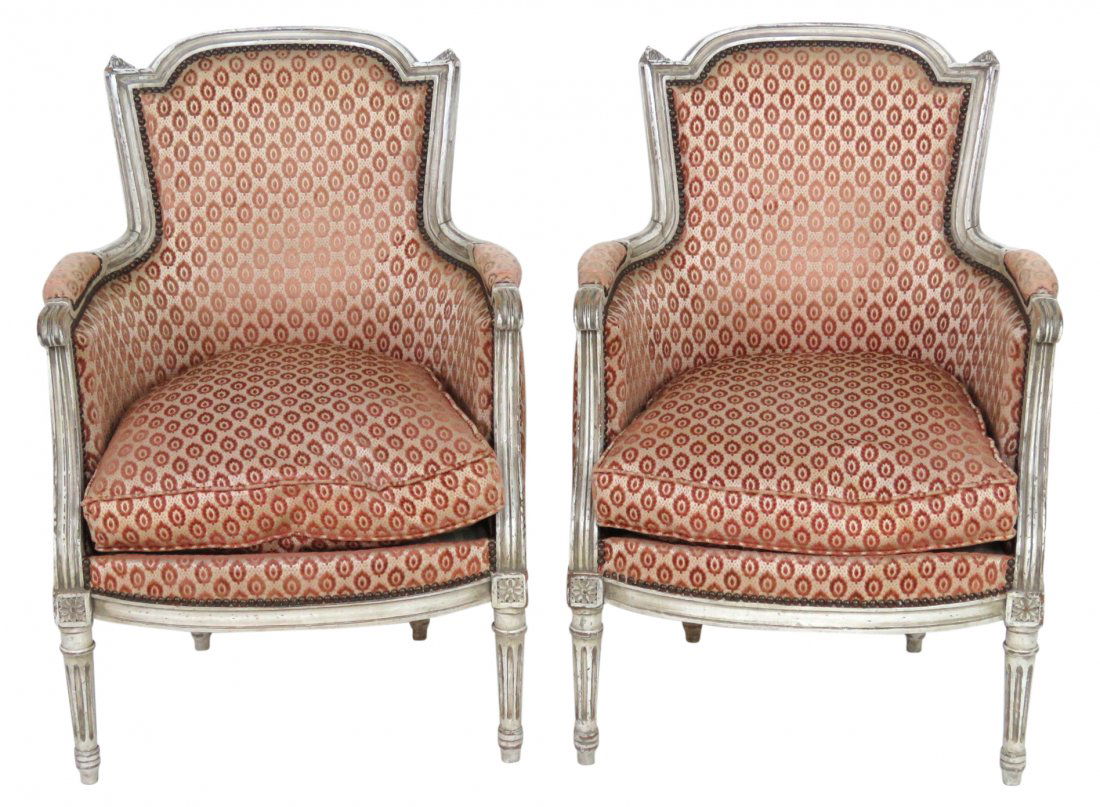 Pair ANTIQUE LOUIS XVI STYLE CREAM PAINTED BERGERES (1 of 4)