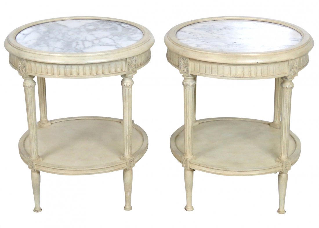 Pair CREAM PAINTED LOUIS XVI STYLE MARBLETOP TABLES (1 of 3)