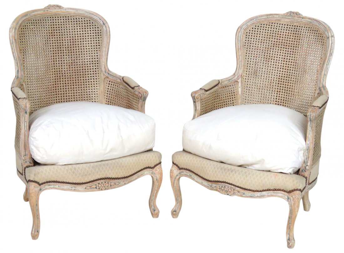 Pair ANTIQUE LOUIS XV STYLE CANED BERGERES: Carved frame with distressed paint. 38"h. x 26"w. x 27"d.