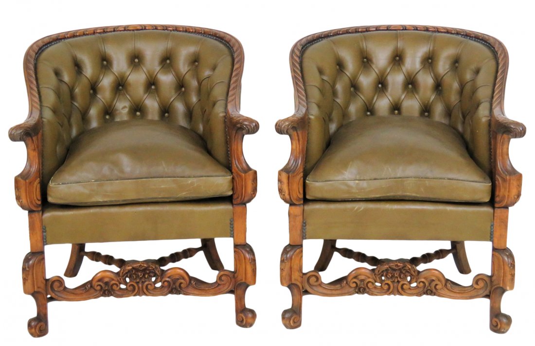 Pair ANTIQUE ITALIAN CARVED WALNUT LEATHER CLUB CHAIRS (1 of 5)