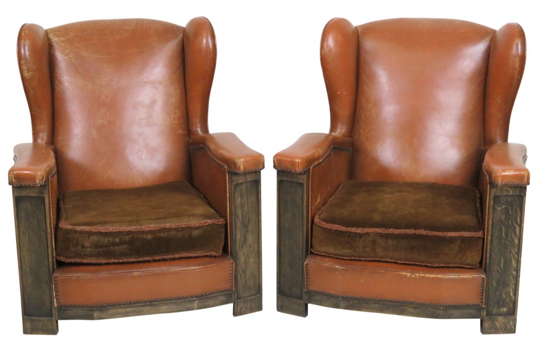Pair FRENCH ART DECO LEATHER CLUB CHAIRS (1 of 4)