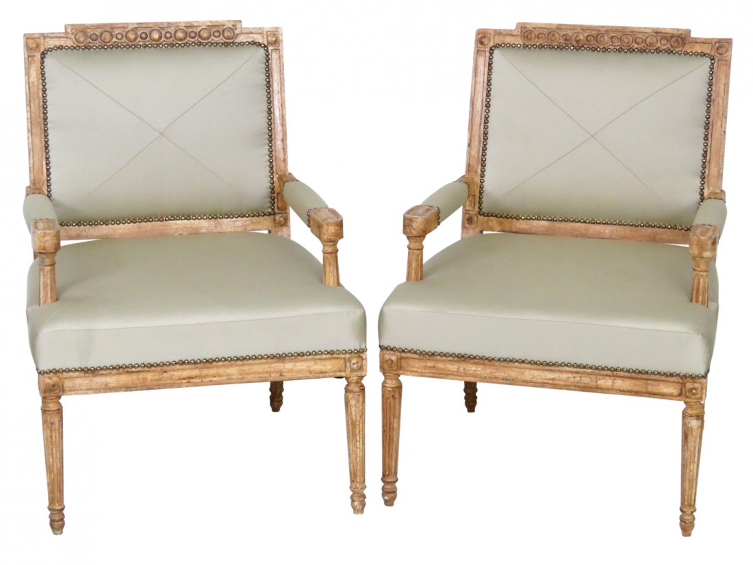 Pair LOUIS XVI STYLE DISTRESSED PAINTED FAUTEUILS (1 of 3)